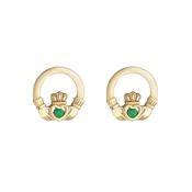 9k Yellow Gold Green Stone Claddagh Stud Earrings image