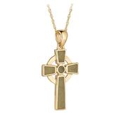 9k Yellow Gold Connemara Marble Celtic Cross Pendant Necklace image