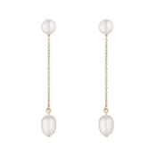 Sterling Silver CZ Double FW Pearl Chain Drop Earrings