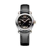 Happy Sport 30mm, Black Dial, Quartz Movement, 18k Rose Gold &amp; Stainless Steel Case, Black Leather Strap Watch