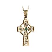 9k Gold Emerald &amp; Cubic Zirconia Celtic Cross Pendant Necklace image