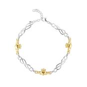 10K Gold And Sterling Silver Diamond Claddagh Linked Bracelet