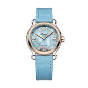 Happy Sport 33mm Blue MOP Dial Automatic Movement Rose Gold PVD Case Blue Leather Strap Diamond Watch