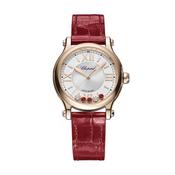 Happy Sport 33mm Silver Dial Automatic Movement Rose Gold Case Red Leather Strap Diamond &amp; Ruby Watch
