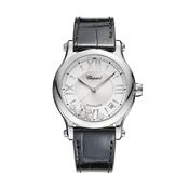 Happy Sport 36mm Silver Dial Automatic Movement Stainless Steel Case Black Leather Strap Diamond Watch