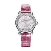 Happy Sport 33mm Silver Dial Automatic Movement Stainless Steel Case Pink Leather Strap Diamond &amp; Tourmaline Watch
