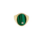 9K Yellow Gold sz 52 Diamond  Chevalière Malachite or Jaune Ring