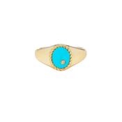 9K Yellow Gold sz 50 Baby Chevalière Ovale Turquoise or Jaune