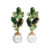 Balete Green Crystal Faux Pearl Gold Tone Earrings