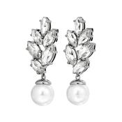 Balete White Crystal Faux Pearl Silver Tone Earrings