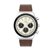 Q Timex Chronograph 40mm Cream Dial Quartz Brown Leather Strap Watch