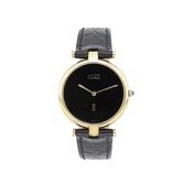 Vintage Vermeil Black Dial Yellow Gold Cap Silver Case Quartz Leather Strap Watch image