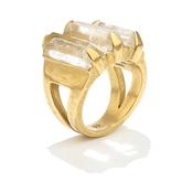 Stones Natural Rock Baguette Cut Three Rows Yellow Gold Plated Ring