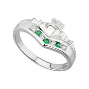 Sterling Silver Emerald &amp; Cubic Zirconia Claddagh Wishbone Ring image