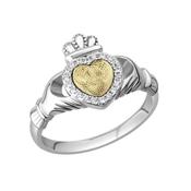 Sterling Silver &amp; Yellow Gold Moving Gold Heart Claddagh Ring image