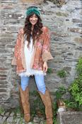 Faux fur trim patterned kimono