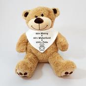 Personalised Baby Bib with Teddy Bear - Half &amp; Half - Customise with Town, County or Country image