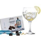 Gin Lover Gift Set - Personalised Gin Glass &amp; Butler's Gunpowder Gin Chocolates