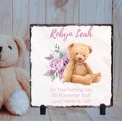 Personalised Naming Day Slate for Girls - Teddy Bear