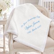 Personalised Christening Shawl - White Cotton with Lace Trim for Boys image