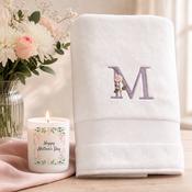 Personalised Mother’s Day Luxury Gift Set – Embroidered Initial Bath Towel &amp; Scented Candle