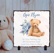 Personalised Naming Day Slate for Boys - Teddy Bear