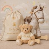 Personalised Baby Gift Set - Personalised Rocking Horse and Bailey Bear with Backpack