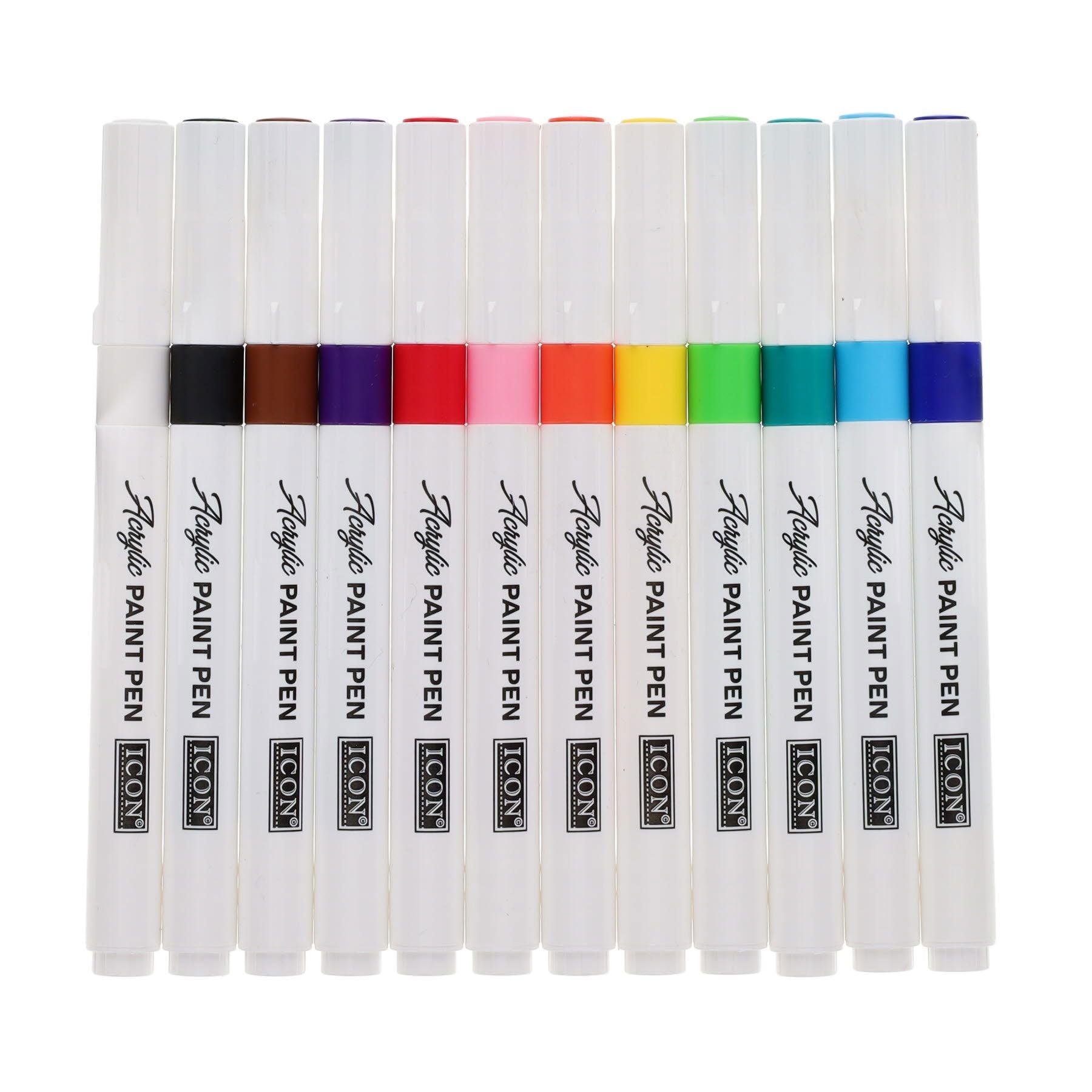 ICON Acrylic Paint Pens - Pack of 12 - Permanent, Odourless, Water-Proof & Quick-Dry