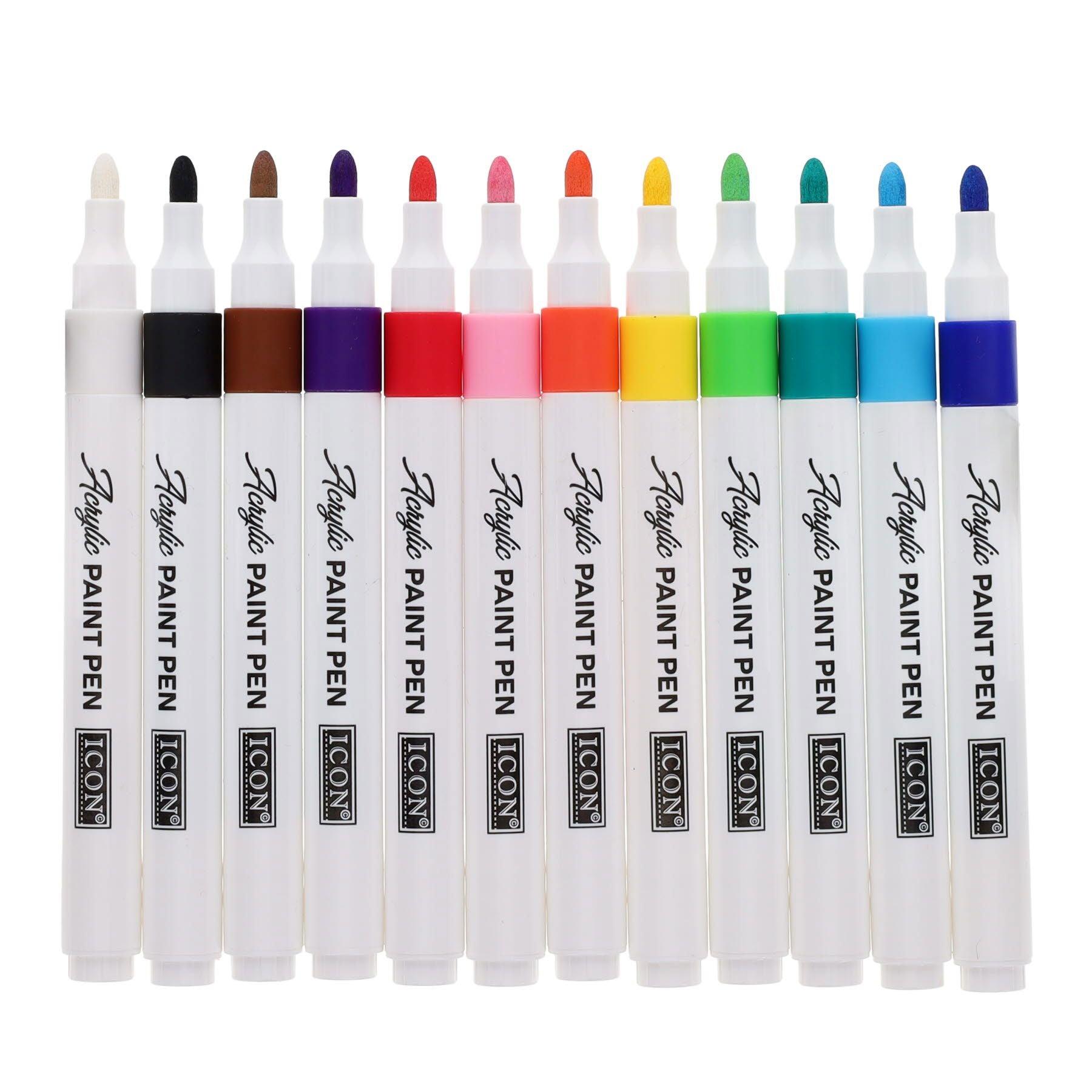 ICON Acrylic Paint Pens - Pack of 12 - Permanent, Odourless, Water-Proof & Quick-Dry