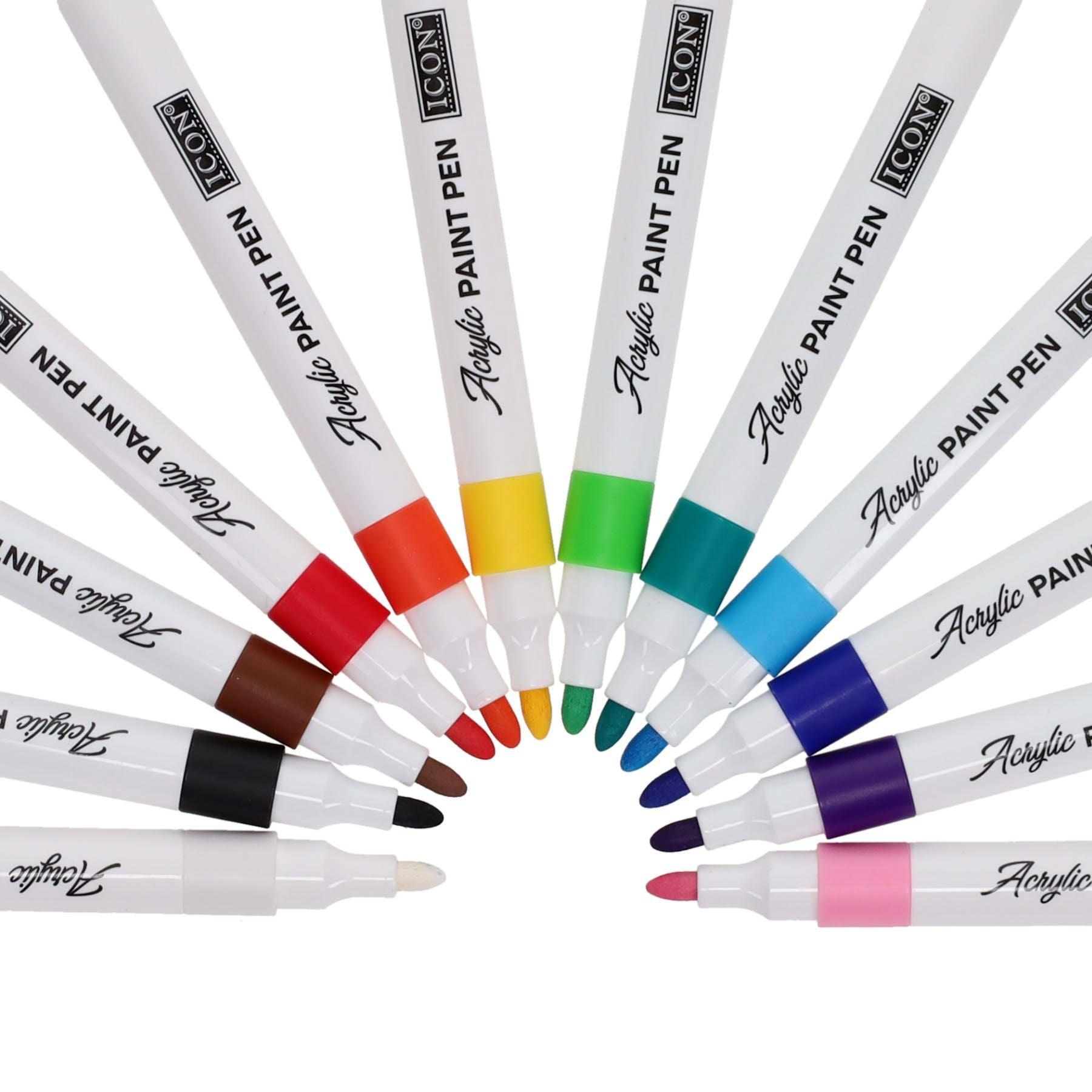ICON Acrylic Paint Pens - Pack of 12 - Permanent, Odourless, Water-Proof & Quick-Dry