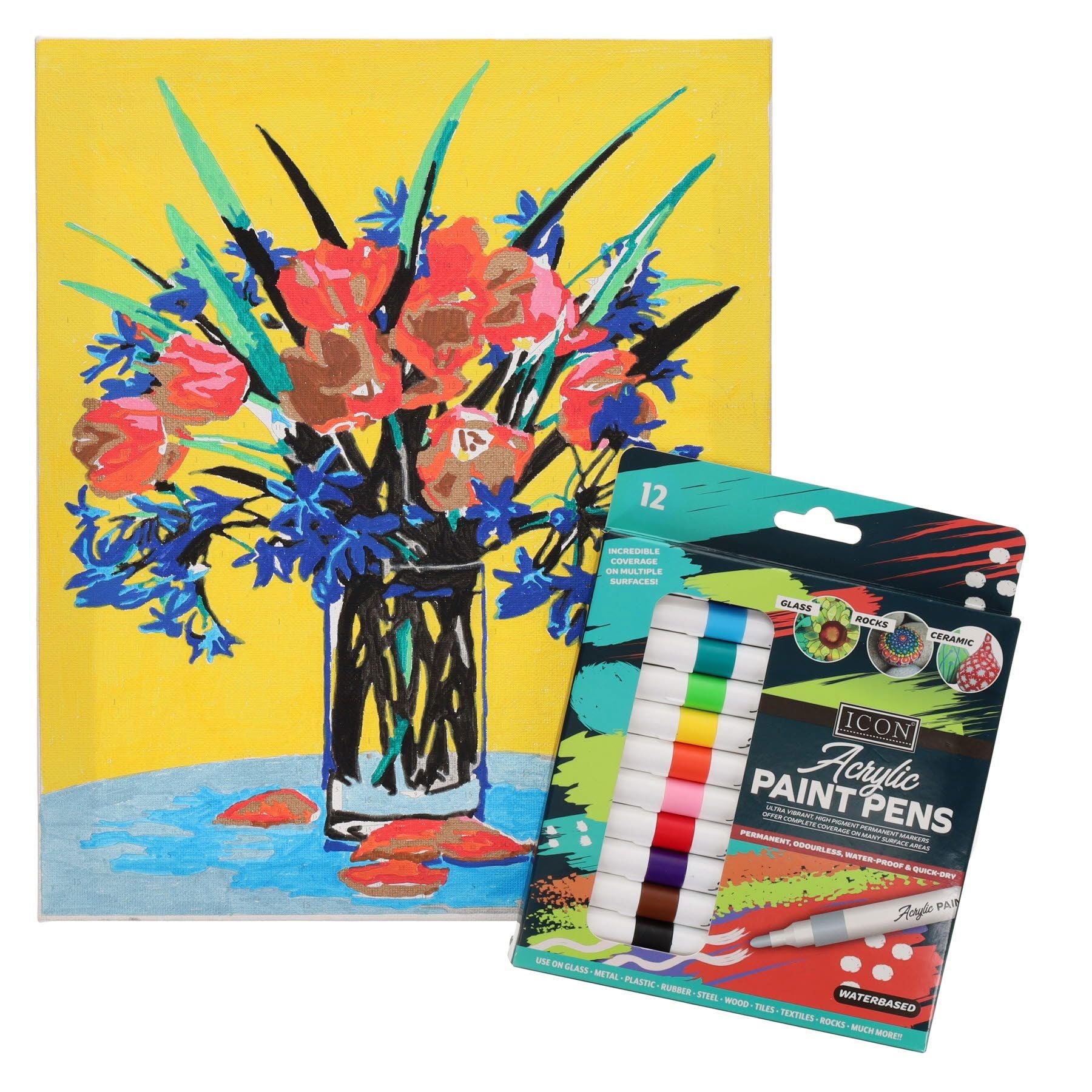 ICON Acrylic Paint Pens - Pack of 12 - Permanent, Odourless, Water-Proof & Quick-Dry