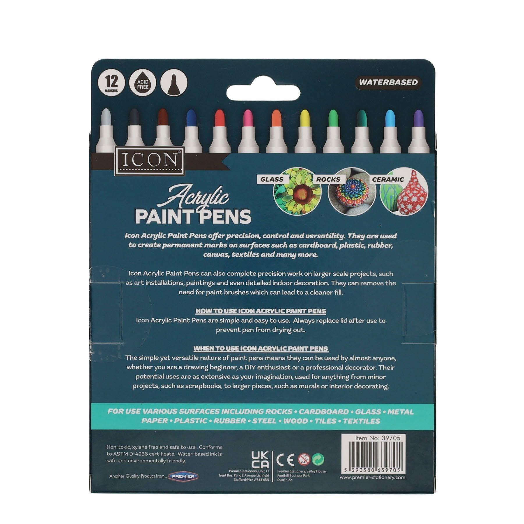 ICON Acrylic Paint Pens - Pack of 12 - Permanent, Odourless, Water-Proof & Quick-Dry
