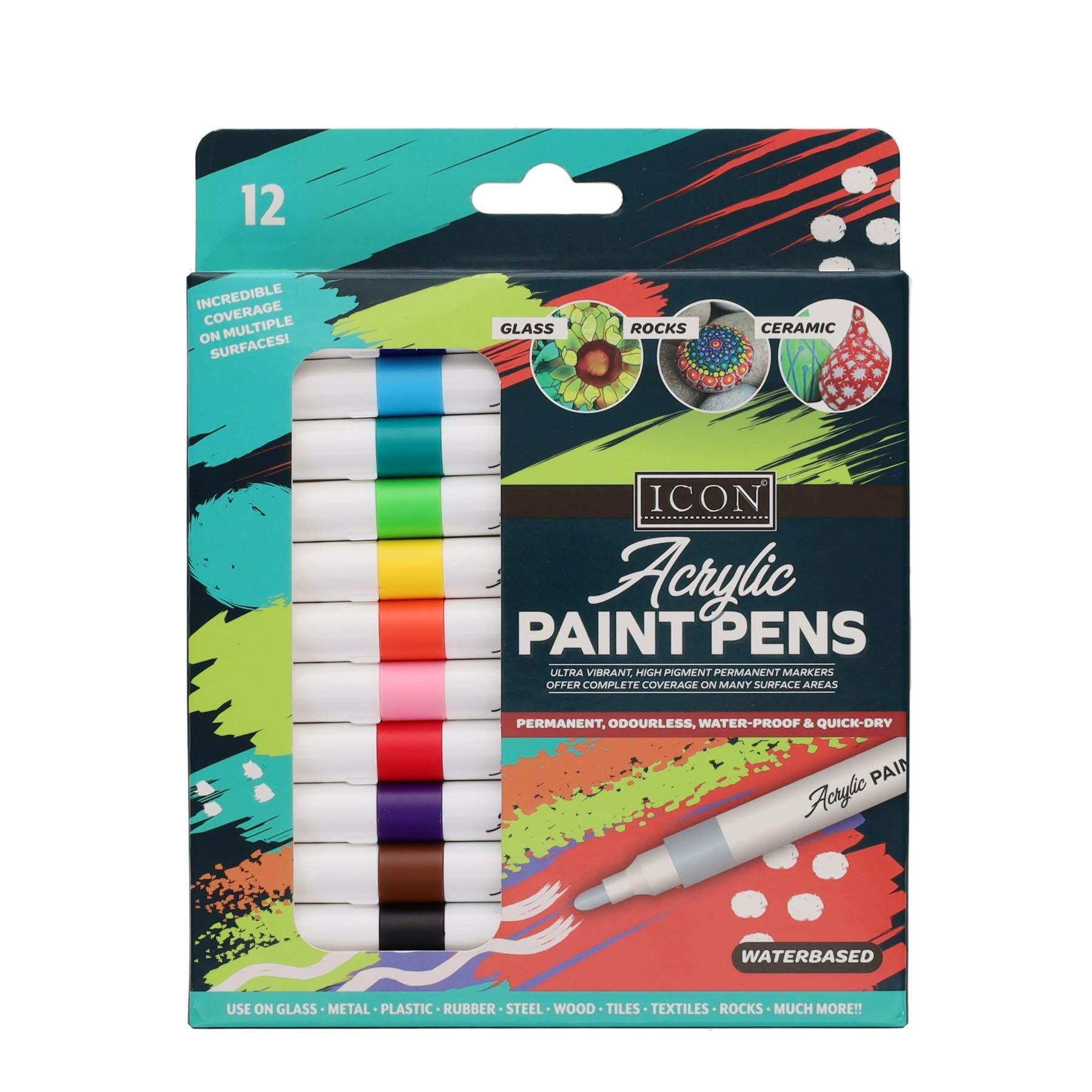 ICON Acrylic Paint Pens - Pack of 12 - Permanent, Odourless, Water-Proof & Quick-Dry