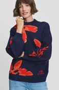 Navy sweater with floral pattern in shades of red