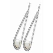 Silver Long CZ Cradle Pearl Drop Earrings image