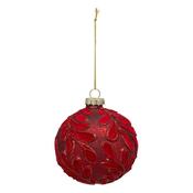 Opaque Red Glass Bauble with Velvet Leaves 8cm image