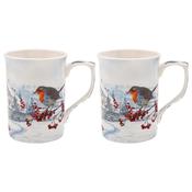 Christmas Robins Set of 2 China Mugs image