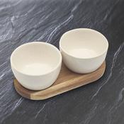 2 White Round Snack Dishes on Wood Tray 11x21cm image