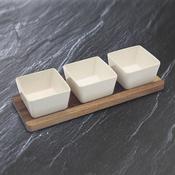3 White Snack Dishes on Wood Tray 12x33cm image
