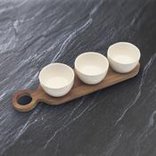 3 White Snack Dishes on Wood Tray 11x42cm image