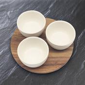 Set of 3 White Snack Dishes on Wood Tray D23cm image