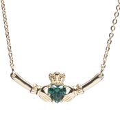 Newgrange Gold Claddagh with Green stone Pendant