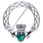 Silver Claddagh with Green Stone Brooch