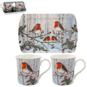 Christmas Robins 2 Mugs Coasters and Tray Set