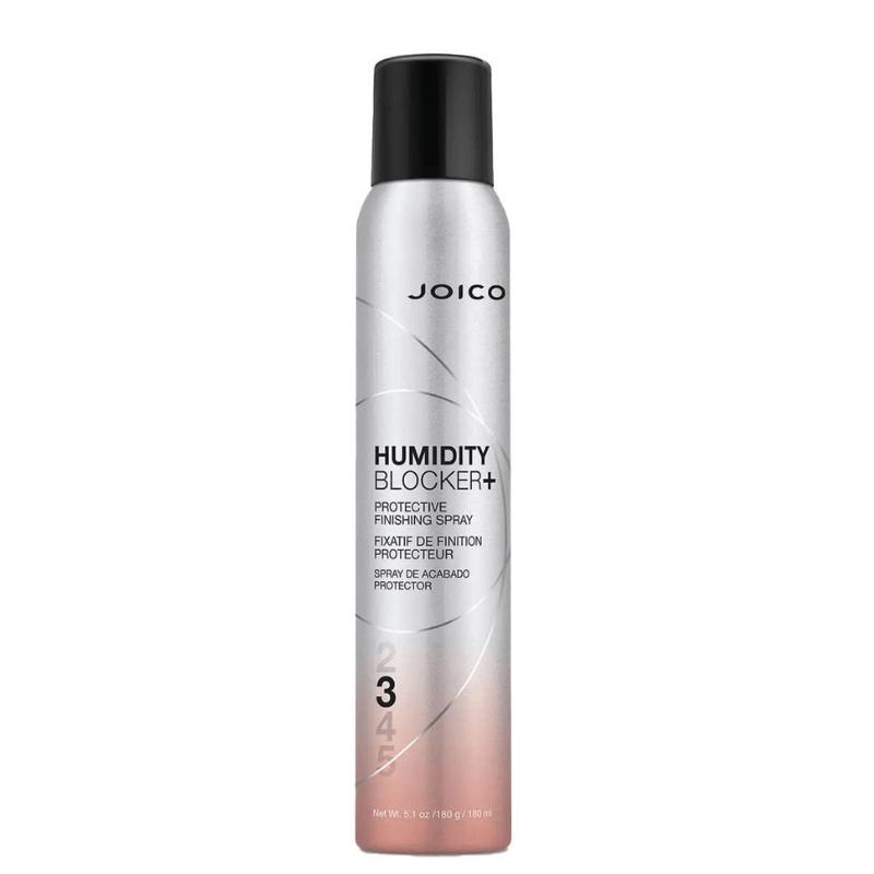 Joico Humidity Blocker+ Finishing Spray for all hair types, protects against humidity, eliminates frizz, and maintains volume. 