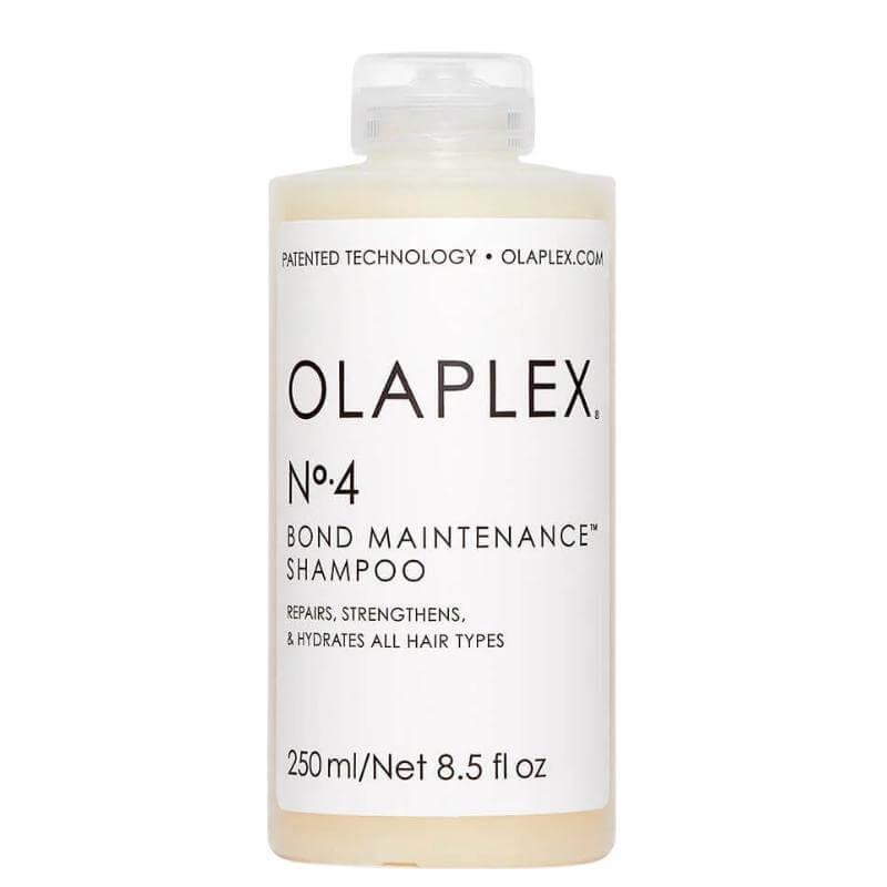 Olaplex No.4 Bond Maintenance Shampoo, Repairs, Strengthens & Hydrates All Hair Types. Image Features: Olaplex, No.4, Bond Maintenance, Shampoo, Repairs, Strengthens, Hydrates, 250 ml/Net 8.5 fl oz