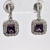 Silver square Amethyst Purple CZ Halo drop earrings 38713 image