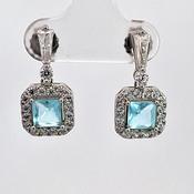 Silver square Aquamarine Blue CZ Halo drop earrings 38717 image