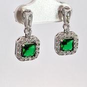 Silver square Emerald Green CZ Halo drop earrings 38709 image