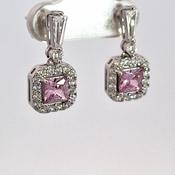 Silver square Pink CZ Halo drop earrings 38715 image